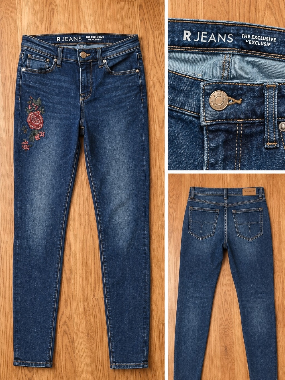 R Jeans Women's Dark Blue Skinny Jeans with Rose Embroidery